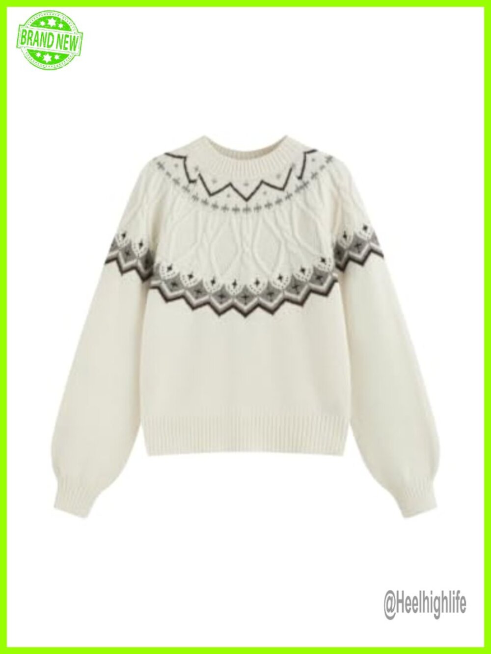 Fair Isle Sweater Cropped Long Sleeve Wool Blend Cozy Pullover